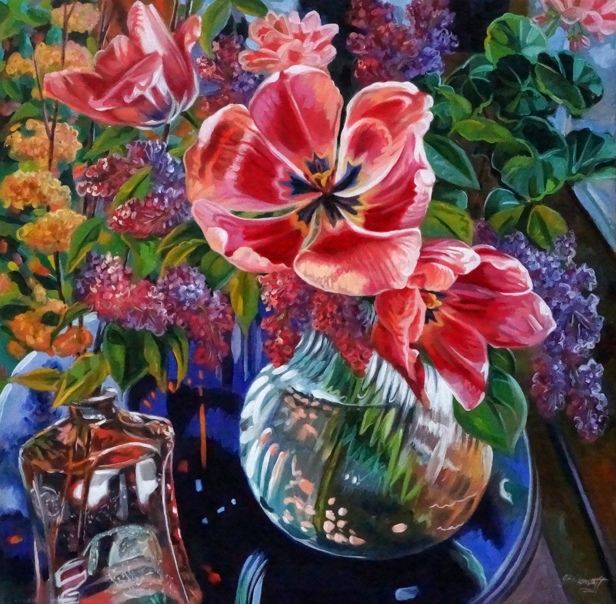 Red Tulips And Lilacs