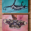 Diptych of caterpillar and moth on oil panels with turquoise and blush backgrounds, conveying transformation, resilience, and natural beauty.