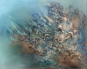 Mixed media oil painting with layered blues, teals, bronze, and charcoal, conveying transformation, resilience, and calm luminous depth