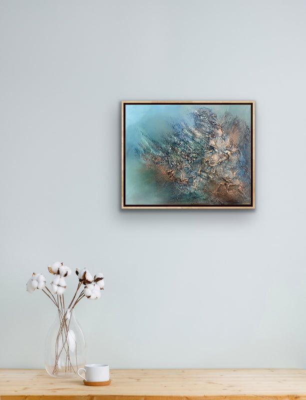 Mixed media oil painting with layered blues, teals, bronze, and charcoal, conveying transformation, resilience, and calm luminous depth