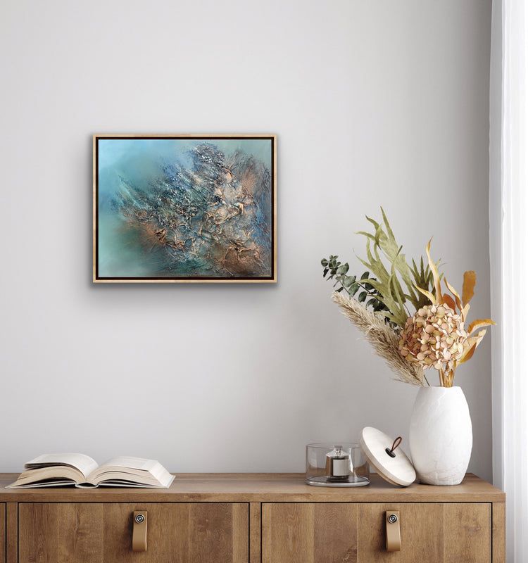 Mixed media oil painting with layered blues, teals, bronze, and charcoal, conveying transformation, resilience, and calm luminous depth