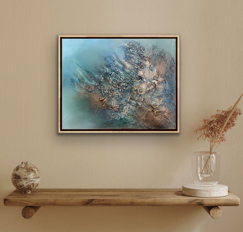 Mixed media oil painting with layered blues, teals, bronze, and charcoal, conveying transformation, resilience, and calm luminous depth