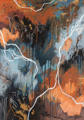 Abstract painting with layered copper, terracotta, blues, and gray, featuring bold white streams, conveying elemental power, motion, and resilience.