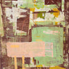 Abstract acrylic painting with layered geometric blocks in green, ochre, blush, and brown, conveying balance, structure, and calm movement.