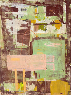 Abstract acrylic painting with layered geometric blocks in green, ochre, blush, and brown, conveying balance, structure, and calm movement.