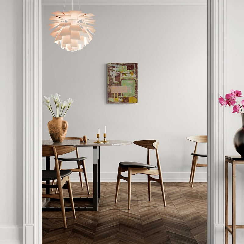 Abstract acrylic painting with layered geometric blocks in green, ochre, blush, and brown, conveying balance, structure, and calm movement.