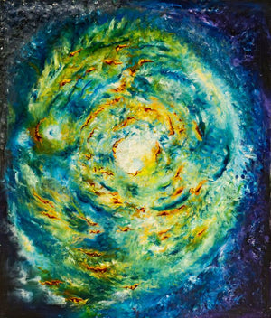 Abstract oil painting with swirling greens, blues, and golds radiating from a central core, conveying motion, balance, and energy.