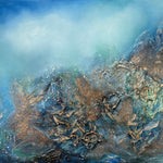 Ethereal No. 5 by Tati Campelo: Original heavily textured oil and mixed media abstract painting featuring a blend of gold, tranquil blue, and turquoise tones inspired by shifting landscapes and seascapes.