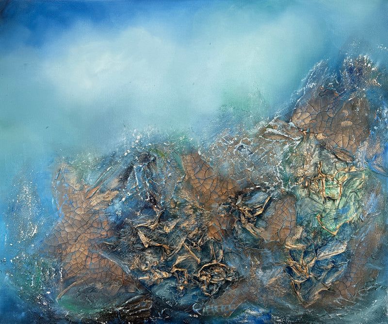 Ethereal No. 5 by Tati Campelo: Original heavily textured oil and mixed media abstract painting featuring a blend of gold, tranquil blue, and turquoise tones inspired by shifting landscapes and seascapes.