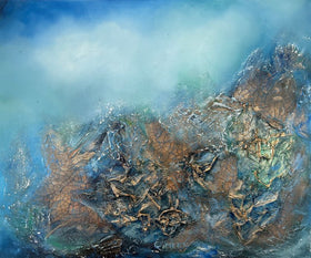 Abstract oil and mixed media painting with layered blues, turquoise, and mineral tones, conveying transformation, movement, and quiet resilience.