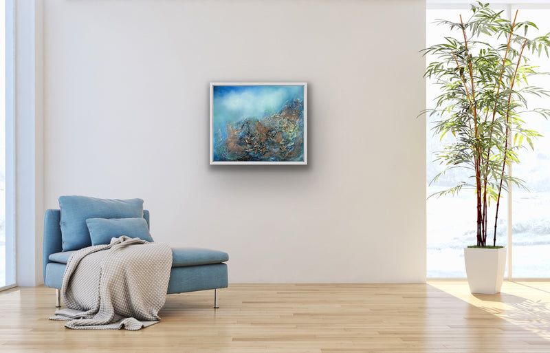 Ethereal No. 5 by Tati Campelo: Original heavily textured oil and mixed media abstract painting featuring a blend of gold, tranquil blue, and turquoise tones inspired by shifting landscapes and seascapes.