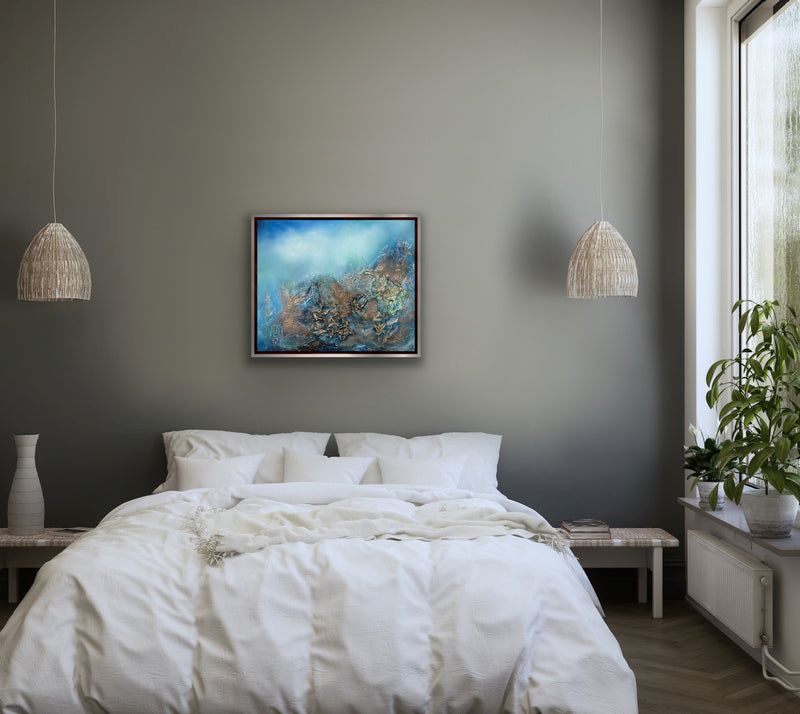 Ethereal No. 5 by Tati Campelo: Original heavily textured oil and mixed media abstract painting featuring a blend of gold, tranquil blue, and turquoise tones inspired by shifting landscapes and seascapes.