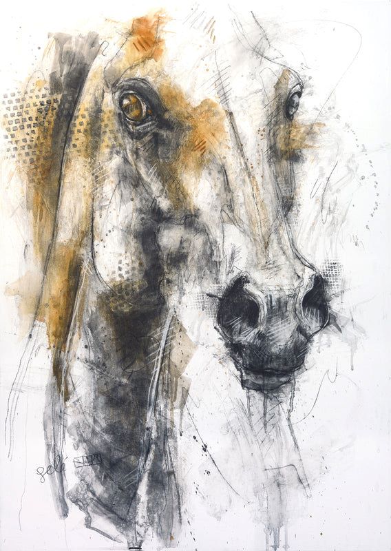 Charcoal and black chalk portrait of a horse, capturing its gaze, elegance, and quiet presence with warm earth tones and textured details.