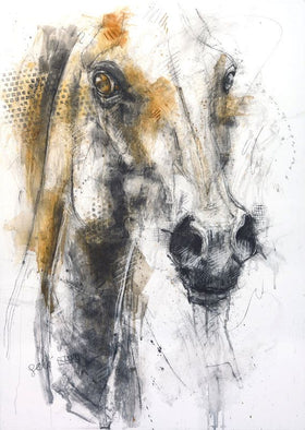 Charcoal and black chalk portrait of a horse, capturing its gaze, elegance, and quiet presence with warm earth tones and textured details.
