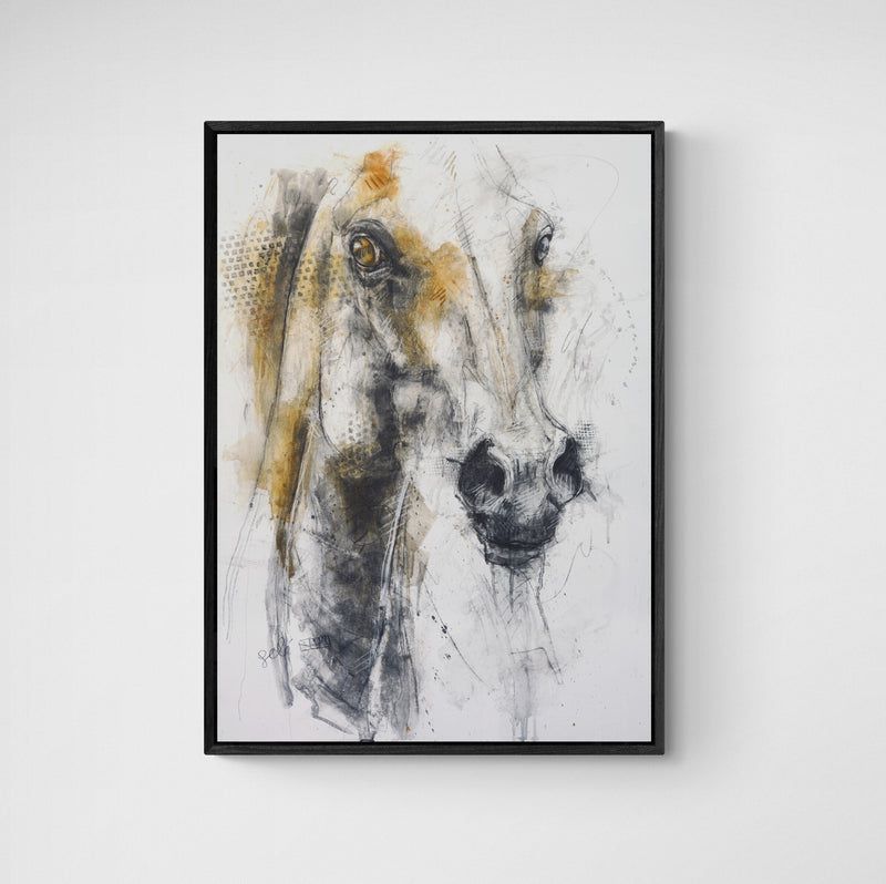Charcoal and black chalk portrait of a horse, capturing its gaze, elegance, and quiet presence with warm earth tones and textured details.