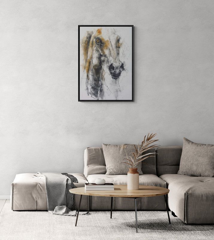 Charcoal and black chalk portrait of a horse, capturing its gaze, elegance, and quiet presence with warm earth tones and textured details.