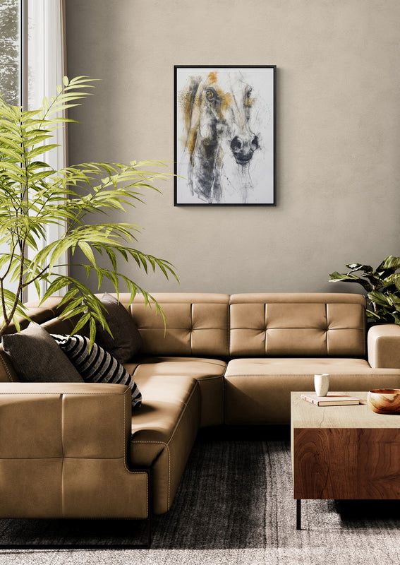 Charcoal and black chalk portrait of a horse, capturing its gaze, elegance, and quiet presence with warm earth tones and textured details.