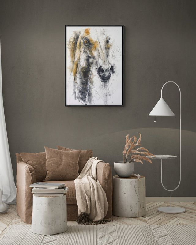 Charcoal and black chalk portrait of a horse, capturing its gaze, elegance, and quiet presence with warm earth tones and textured details.