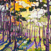 Forest scene with morning sunlight streaming through trees onto green and violet forest floor, conveying joy, renewal, and the warmth of nature.
