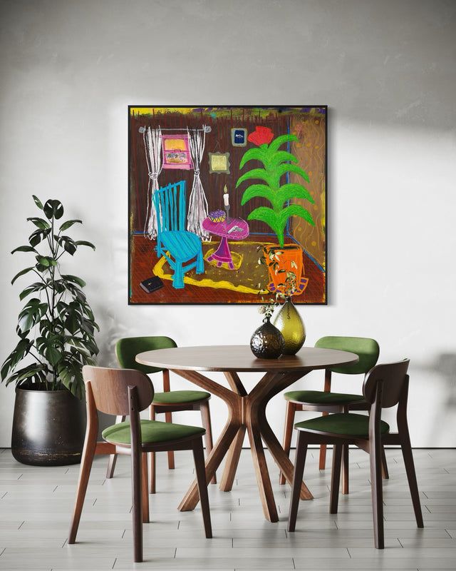 Acrylic and mixed media painting of a vibrant interior with turquoise chair, pink table, glowing plant, and symbolic objects, conveying tension, reflection, and moral contrast.