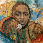 Portrait of Kendrick Lamar in acrylic, oil pastel, and metallic accents, with direct gaze and extended hand, conveying presence, introspection, and energy.