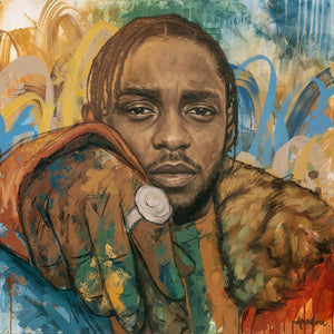 Portrait of Kendrick Lamar in acrylic, oil pastel, and metallic accents, with direct gaze and extended hand, conveying presence, introspection, and energy.