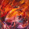 Abstract oil painting with swirling reds, oranges, and violets, evoking energy, movement, and transformation.
