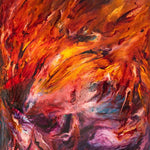 Abstract oil painting with swirling reds, oranges, and violets, evoking energy, movement, and transformation.