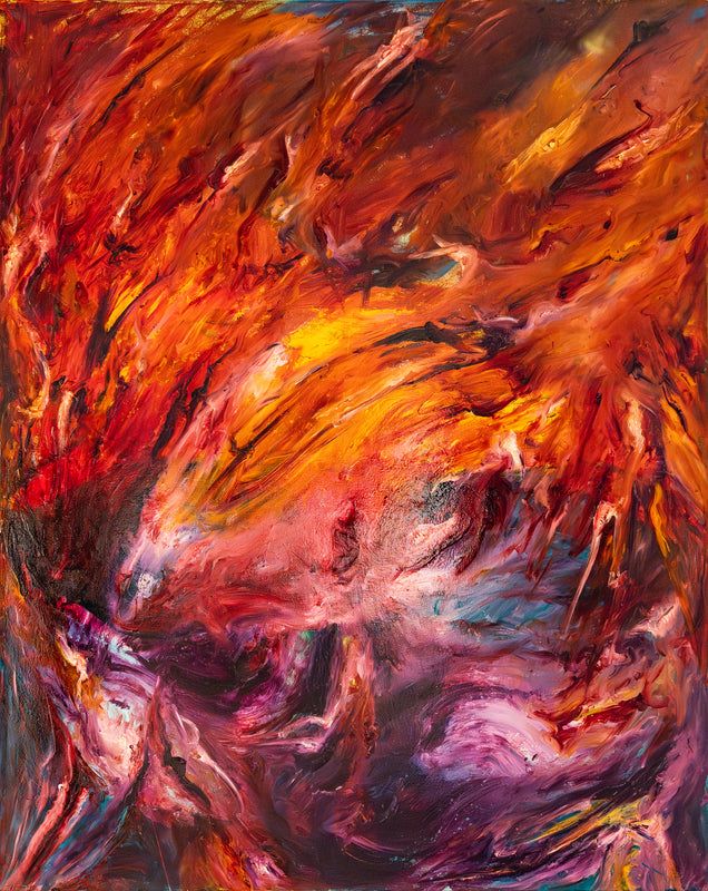 Abstract oil painting with swirling reds, oranges, and violets, evoking energy, movement, and transformation.