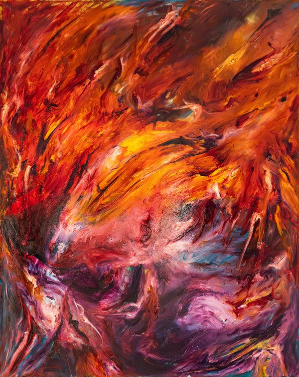 Abstract oil painting with swirling reds, oranges, and violets, evoking energy, movement, and transformation.