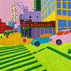 Acrylic painting of a New York street corner with bold colors and geometric forms, conveying urban energy, movement, and vibrant city life.