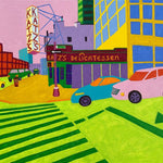 Acrylic painting of a New York street corner with bold colors and geometric forms, conveying urban energy, movement, and vibrant city life.