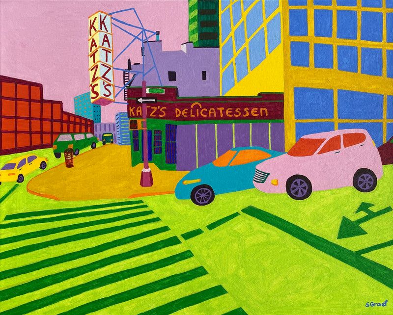 Acrylic painting of a New York street corner with bold colors and geometric forms, conveying urban energy, movement, and vibrant city life.