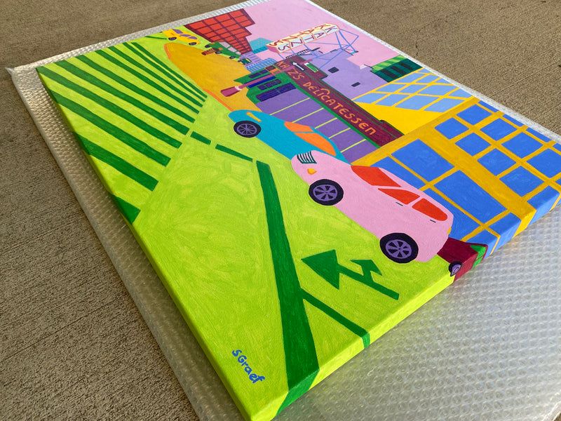 Acrylic painting of a New York street corner with bold colors and geometric forms, conveying urban energy, movement, and vibrant city life.