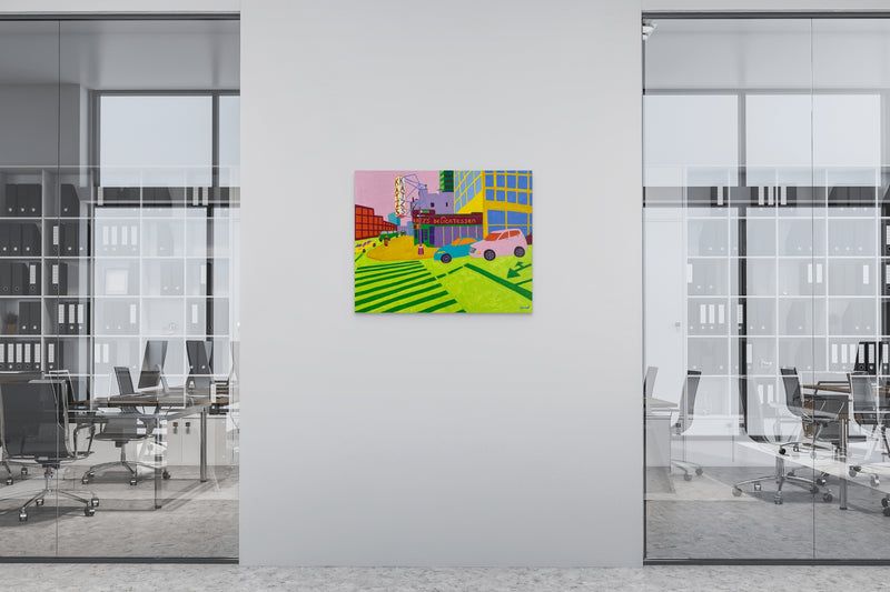 Acrylic painting of a New York street corner with bold colors and geometric forms, conveying urban energy, movement, and vibrant city life.