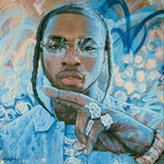 Portrait of Pop Smoke in acrylic, oil pastel, and metallic accents, blending realism and abstract marks, conveying rhythm, presence, and resilience.