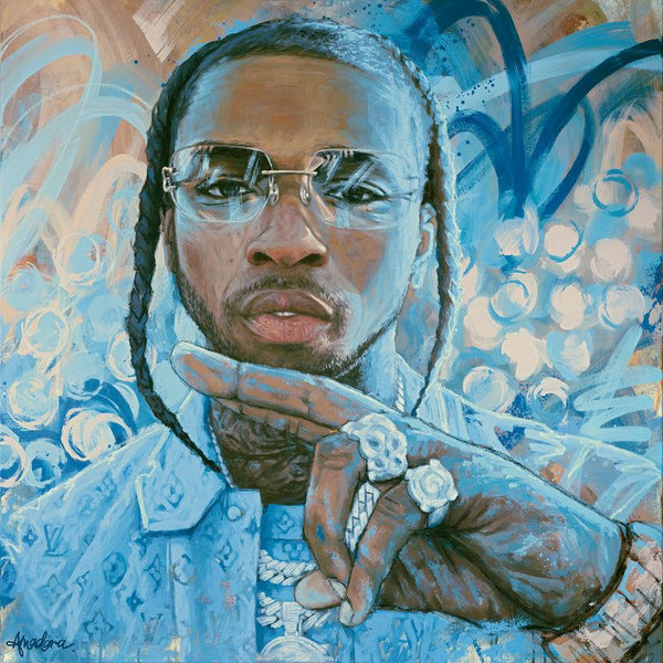 Portrait of Pop Smoke in acrylic, oil pastel, and metallic accents, blending realism and abstract marks, conveying rhythm, presence, and resilience.