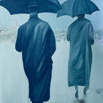 Two solitary figures walk under umbrellas in a rain-soaked, monochromatic landscape, conveying quiet reflection, resilience, and companionship.