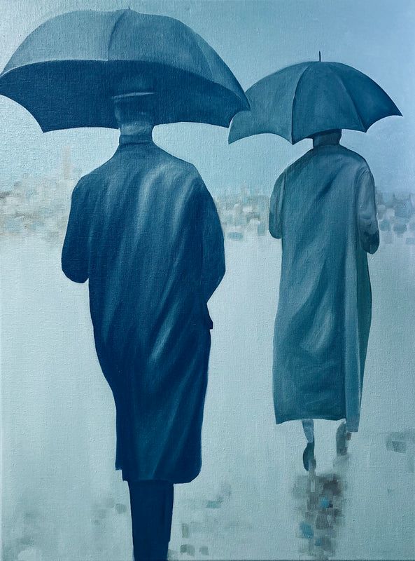 Two solitary figures walk under umbrellas in a rain-soaked, monochromatic landscape, conveying quiet reflection, resilience, and companionship.