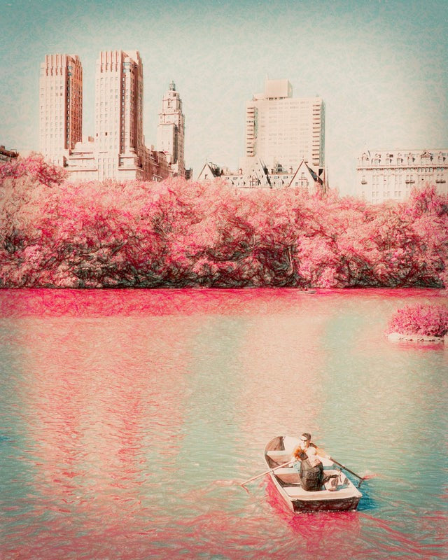 Photograph of a lone rowboat gliding across reflective water, framed by flowering trees and distant city architecture, conveying calm, nostalgia, and quiet romance.