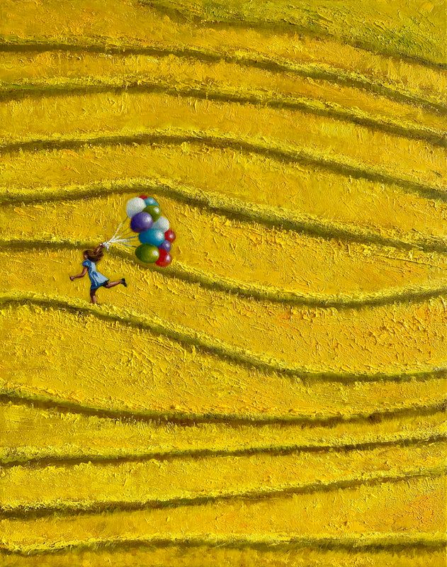 Small figure moves across a textured yellow field with colorful balloons, evoking joy, freedom, and optimism.