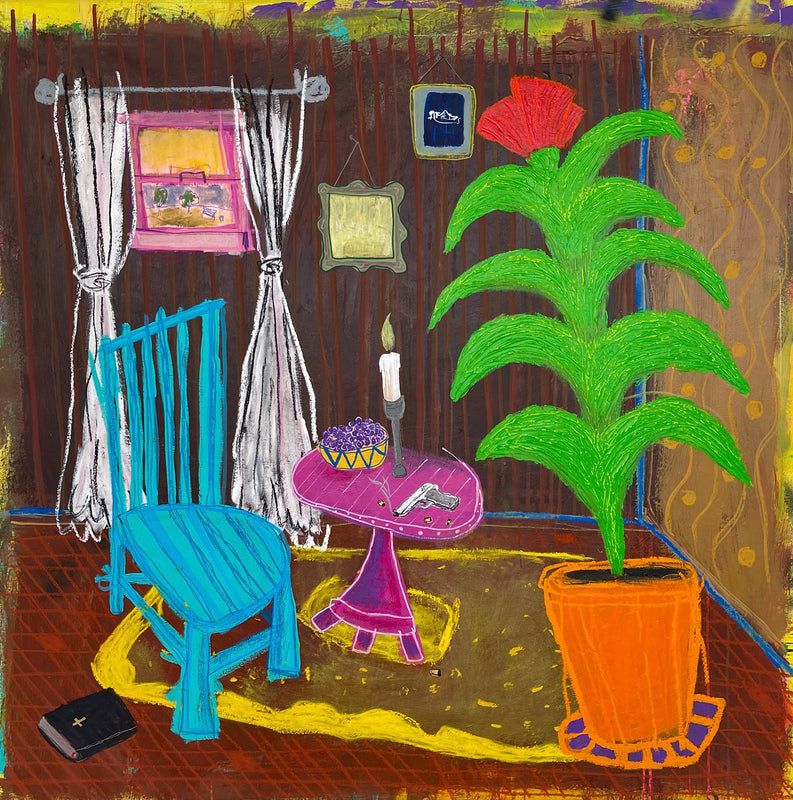 Acrylic and mixed media painting of a vibrant interior with turquoise chair, pink table, glowing plant, and symbolic objects, conveying tension, reflection, and moral contrast.