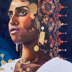 Portrait of a woman in golden light with metallic accents and mandala-like backdrop, conveying serenity, strength, and spiritual illumination.