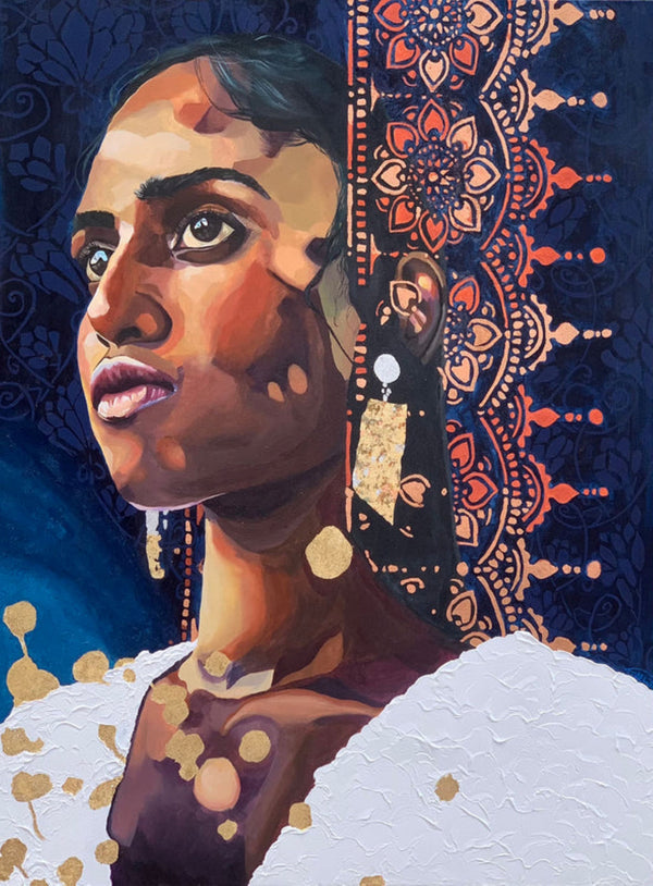 Portrait of a woman in golden light with metallic accents and mandala-like backdrop, conveying serenity, strength, and spiritual illumination.