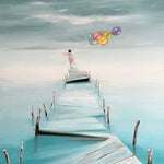 Lone figure walks across a fragmented pier with softly glowing balloons, evoking hope, courage, and forward movement.