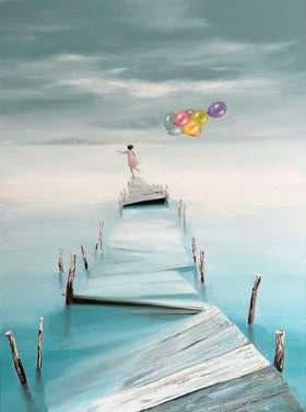 Lone figure walks across a fragmented pier with softly glowing balloons, evoking hope, courage, and forward movement.