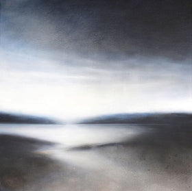 Acrylic painting of abstract landscape in deep grays, whites, and muted blues, conveying stillness, quiet resilience, and meditative calm.