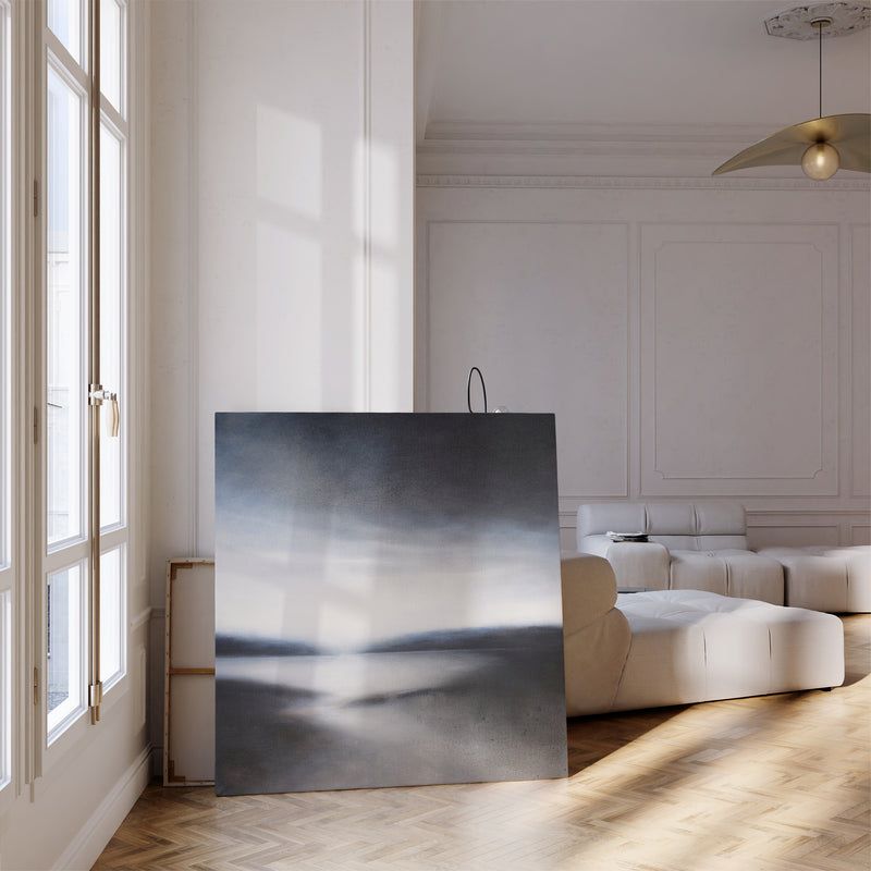 Acrylic painting of abstract landscape in deep grays, whites, and muted blues, conveying stillness, quiet resilience, and meditative calm.