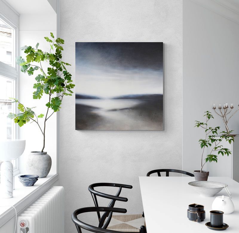 Acrylic painting of abstract landscape in deep grays, whites, and muted blues, conveying stillness, quiet resilience, and meditative calm.