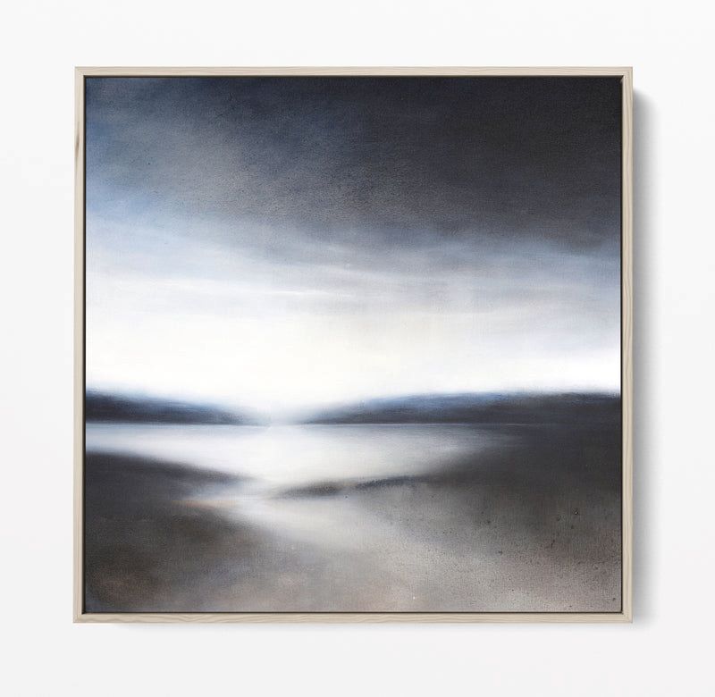 Acrylic painting of abstract landscape in deep grays, whites, and muted blues, conveying stillness, quiet resilience, and meditative calm.